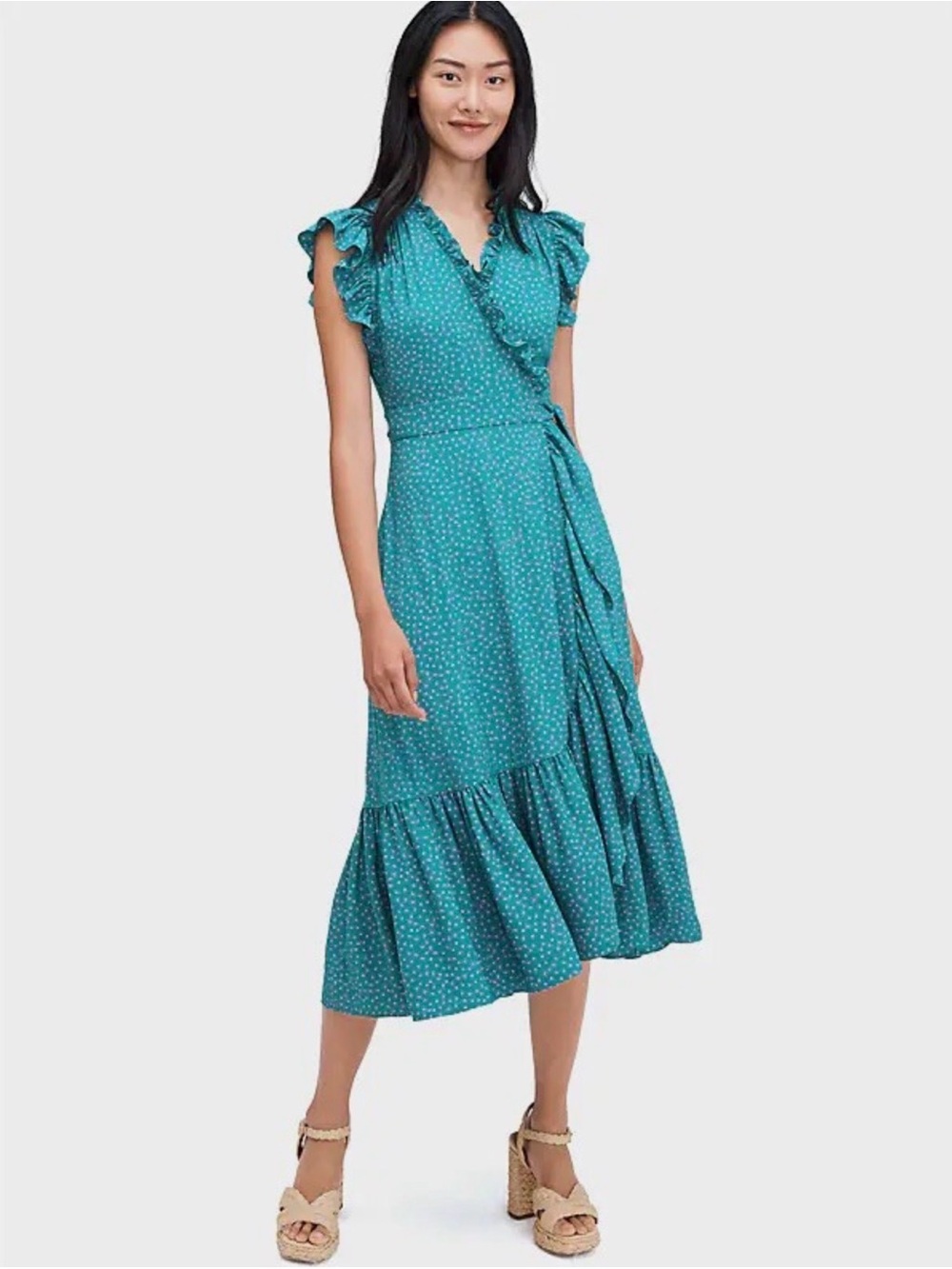 kate spade Teal Polka Dot Ruffle Wrap Midi Dress size 2